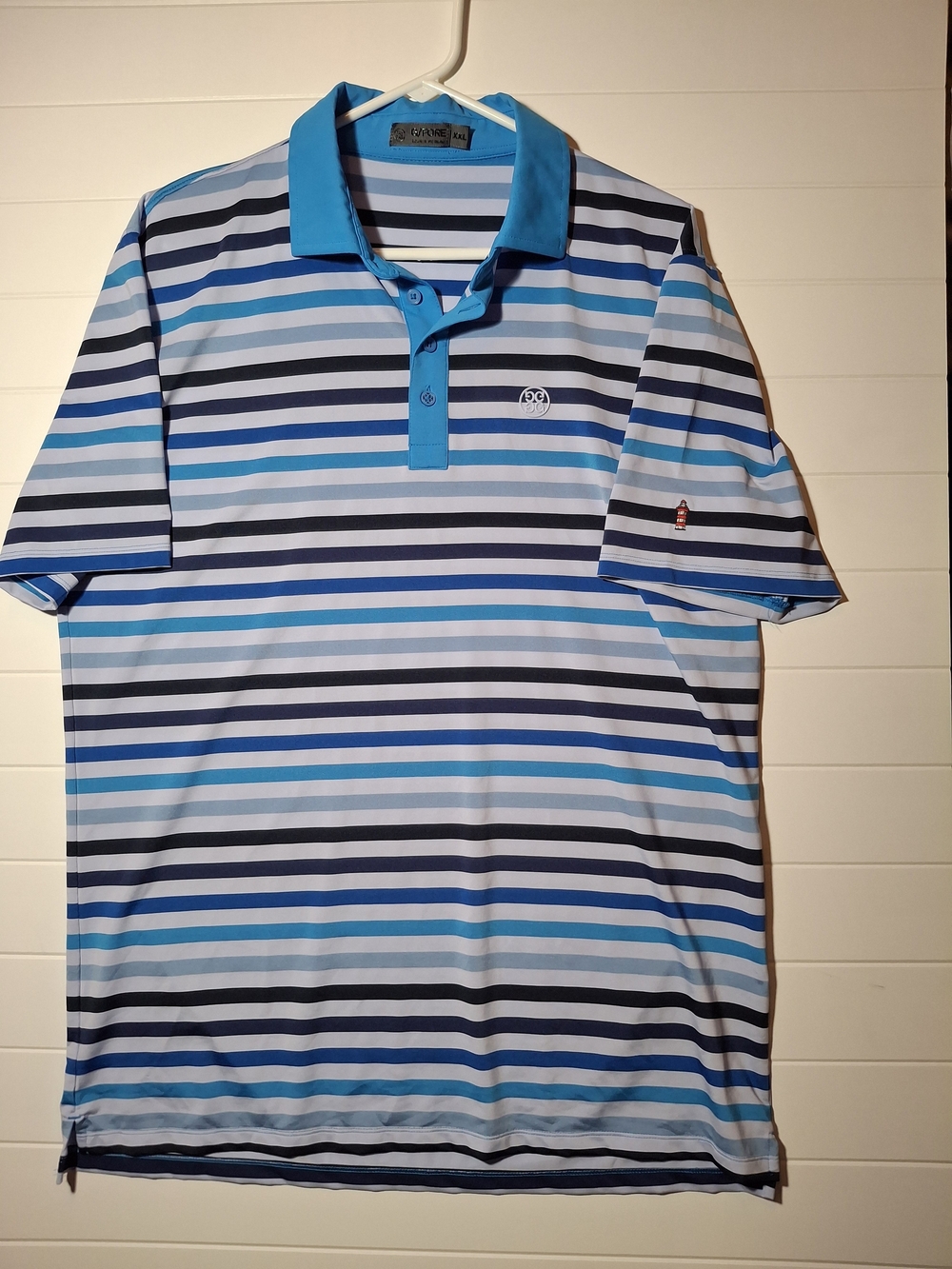 G/FORE Blue & Navy Striped Polo with Bright Blue Collar